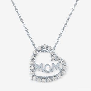 White Sapphire "Mom" Heart Shape Pendant Necklace in Sterling Silver"